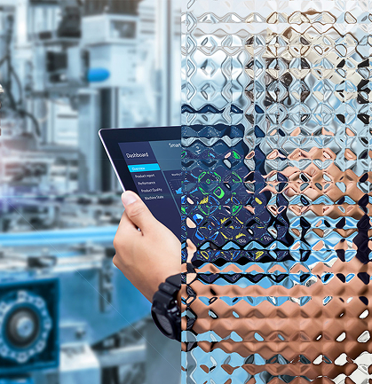 Man using FloxMind software in the workplace with textured FloxMind cognitive layer to the right.