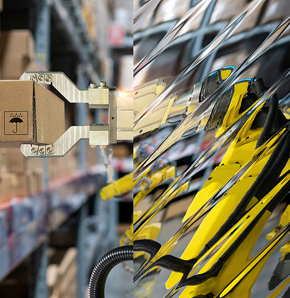 Image of a Robot in a Warehouse With the Textured FloxMind Cognitive Layer on the Left.